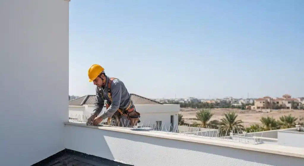 فني يقوم بتركيب اشواك طارد حمام فى المدينة المنورة السعودية 